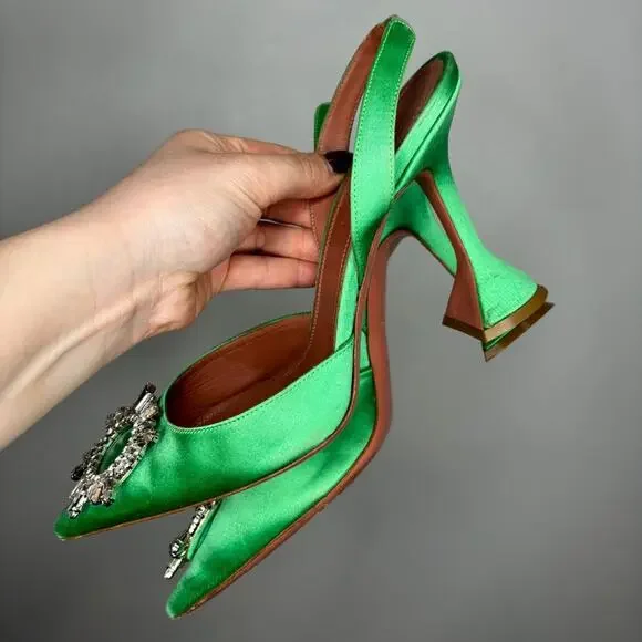 Amina Muaddi Green Begum Sling Heels - Picture 7 of 11